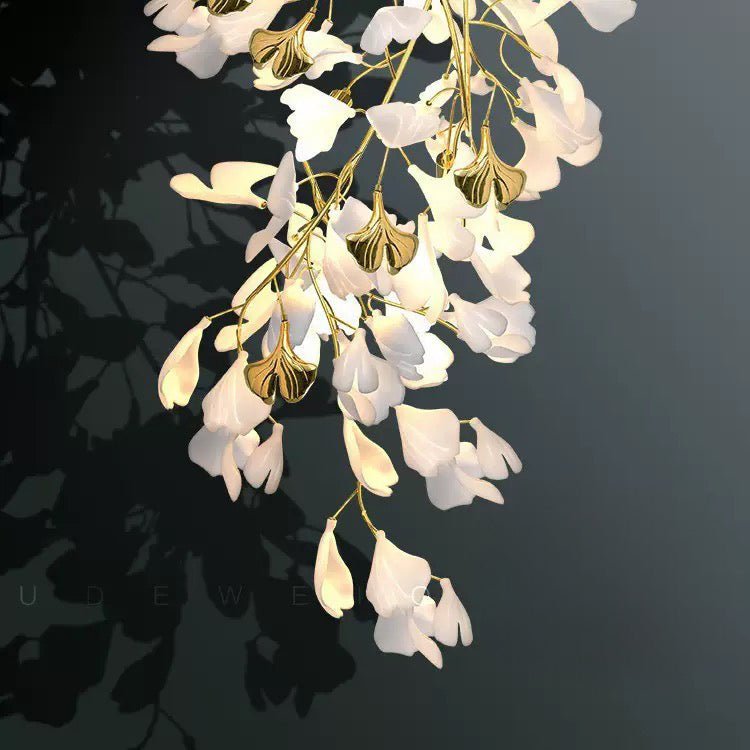 24 Light Gold Chandelier, Luxury Ginkgo Branch Chandelier for Staircase - cyranlamps