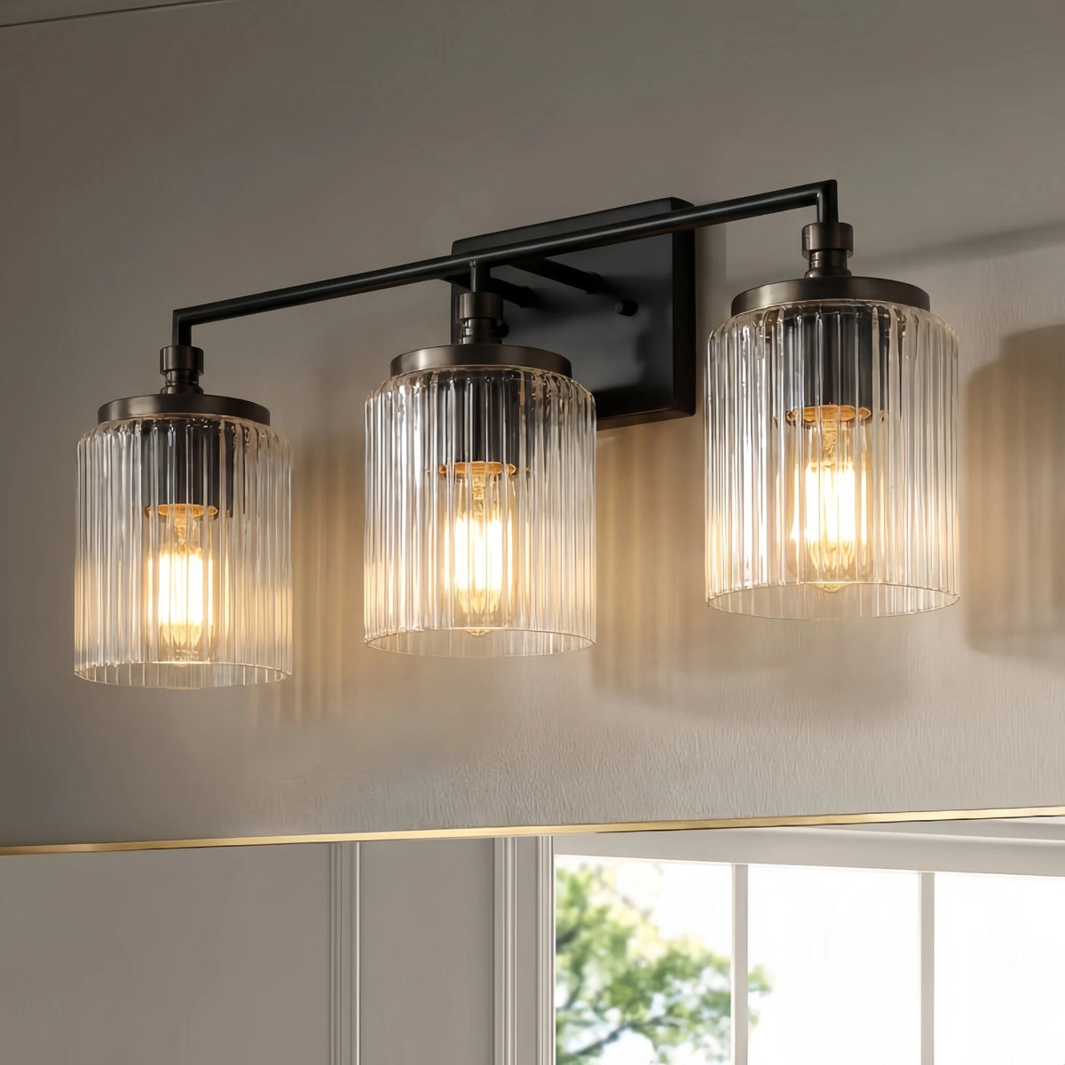 Mergelighting Veyra Modern 3-Light Ribbed Glass Cylinder Wall Lamp