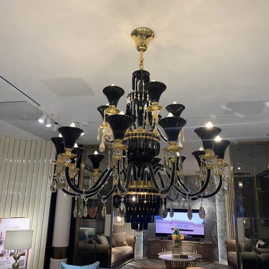 American Traditional Branch Crystal Chandelier with Candle Design in Black and Gold