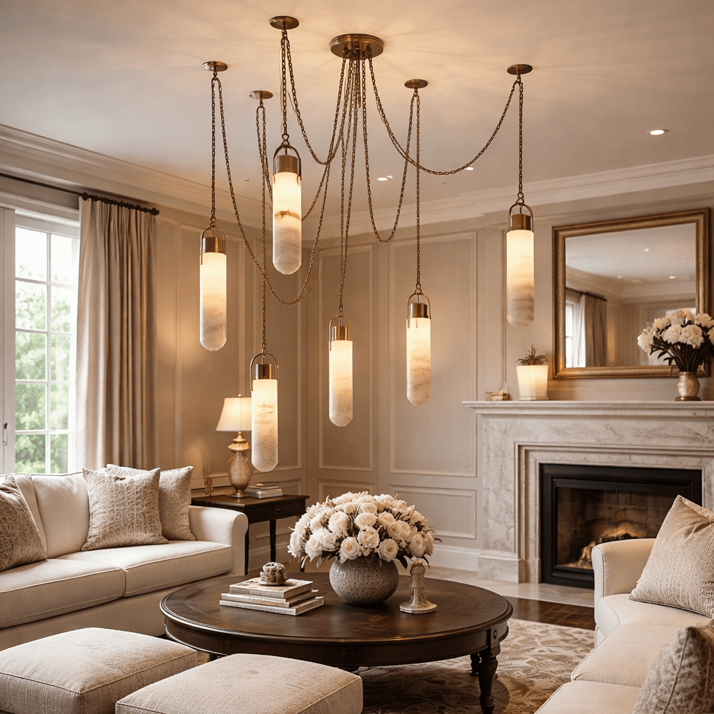 Alabaster Cylindrical Draped Chain Chandelier - cyranlamps