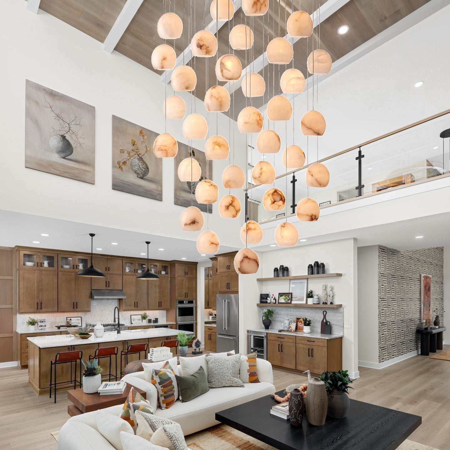 Arica Round Gold Chandelier with Natural Alabaster Stone Shades, Chandelier for High Ceiling - cyranlamps