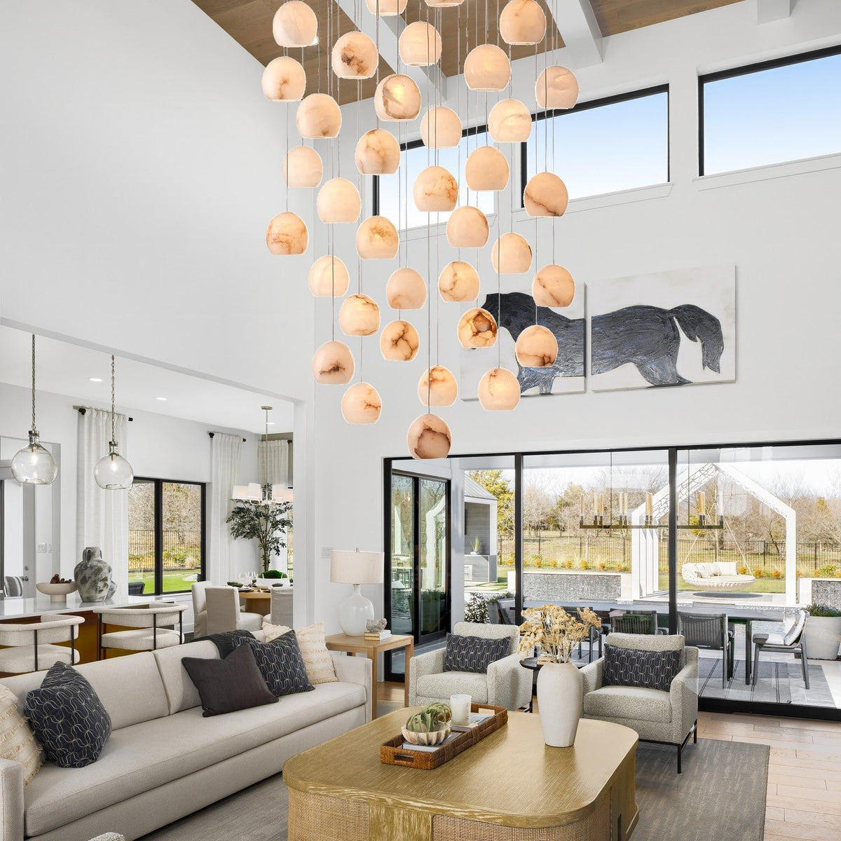 Arica Round Gold Chandelier with Natural Alabaster Stone Shades, Chandelier for High Ceiling - cyranlamps