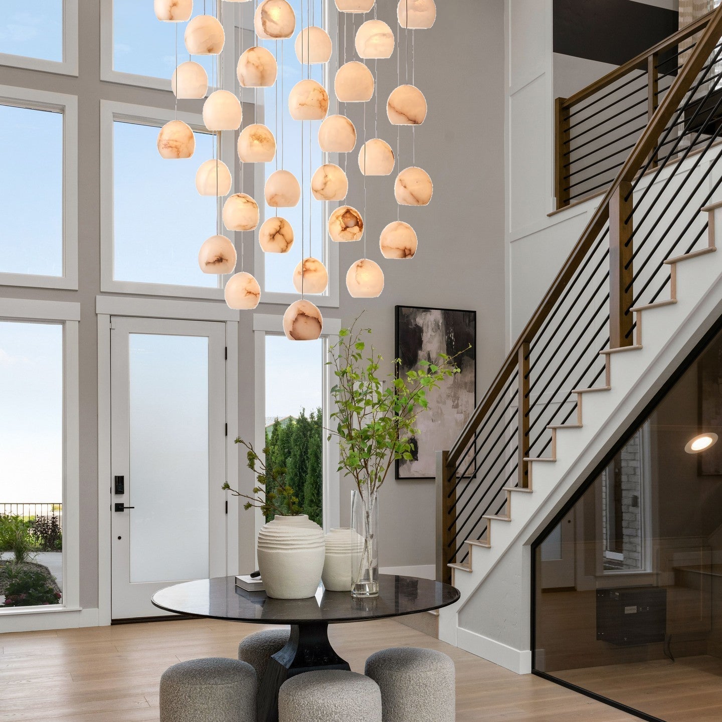 Arica Round Gold Chandelier with Natural Alabaster Stone Shades, Chandelier for High Ceiling - cyranlamps