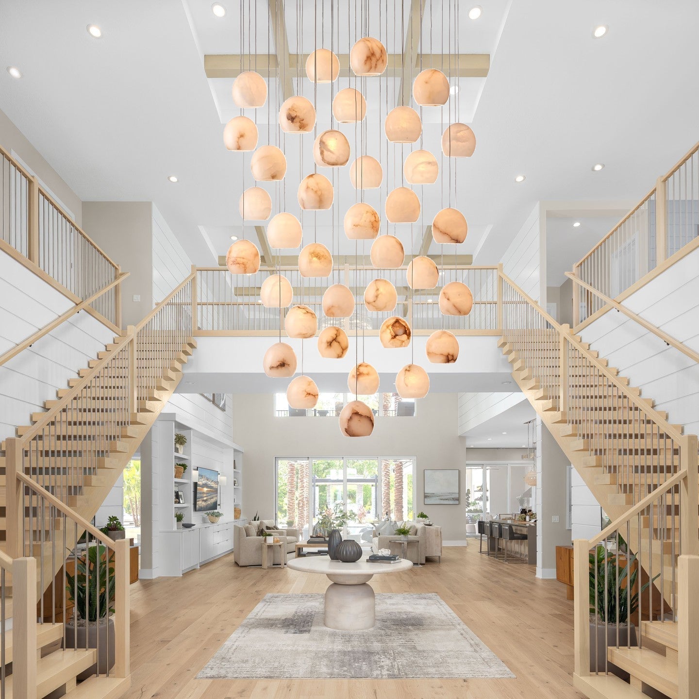 Arica Round Gold Chandelier with Natural Alabaster Stone Shades, Chandelier for High Ceiling - cyranlamps