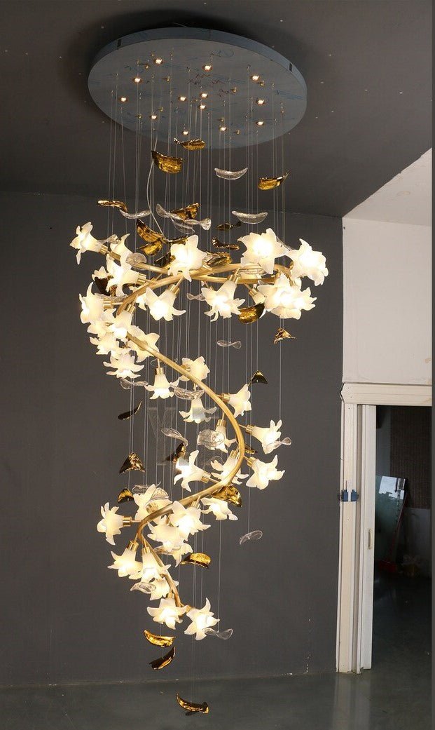 Art Design Brass Branch Ceramic Flower Chandelier - cyranlamps