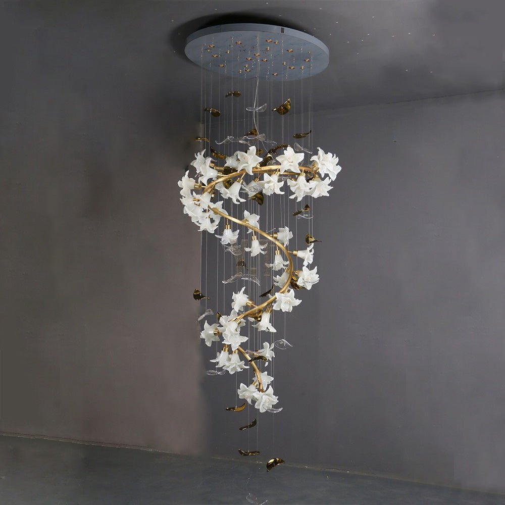 Art Design Brass Branch Ceramic Flower Chandelier - cyranlamps