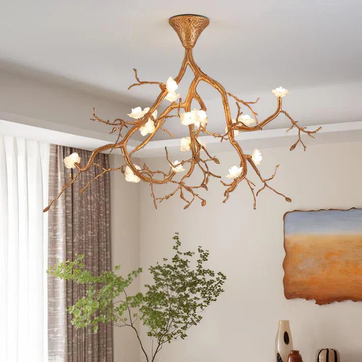Aurelia Golden Branch & Porcelain Bloom Chandelier - Cyran Lamps