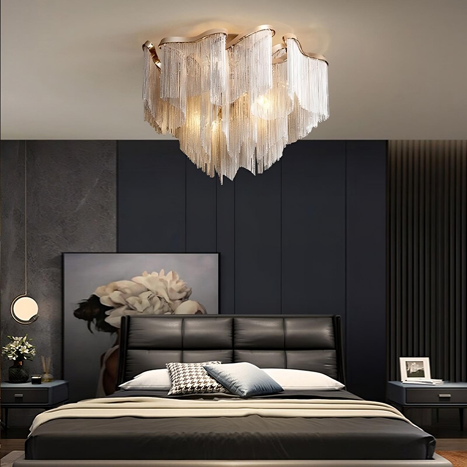 Cadena Chain Tassel Flush Mount Chandelier - cyranlamps