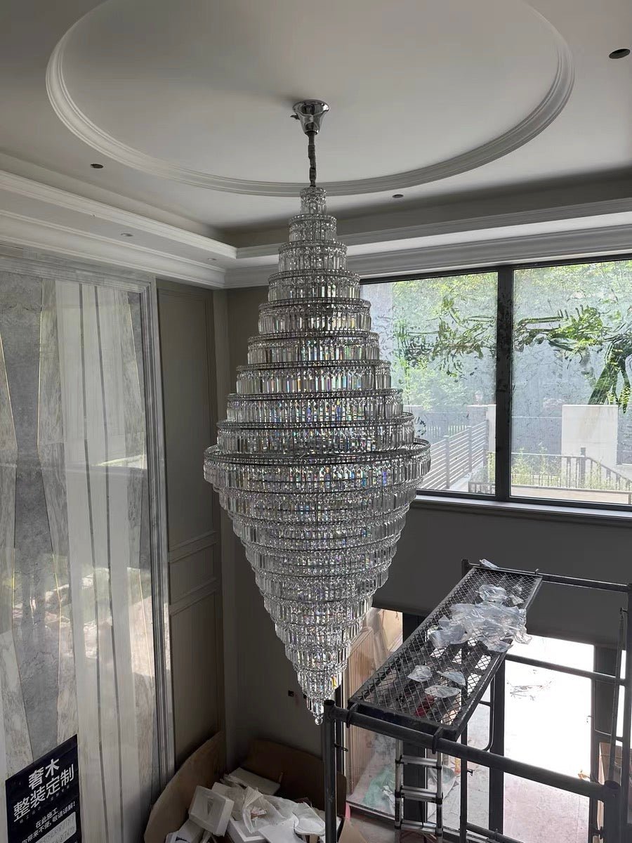 Chrome Extra Large Crystal Chandelier for Foyer Staircase Living Room Entrance Ceiling Light Fixture In Silver - cyranlamps