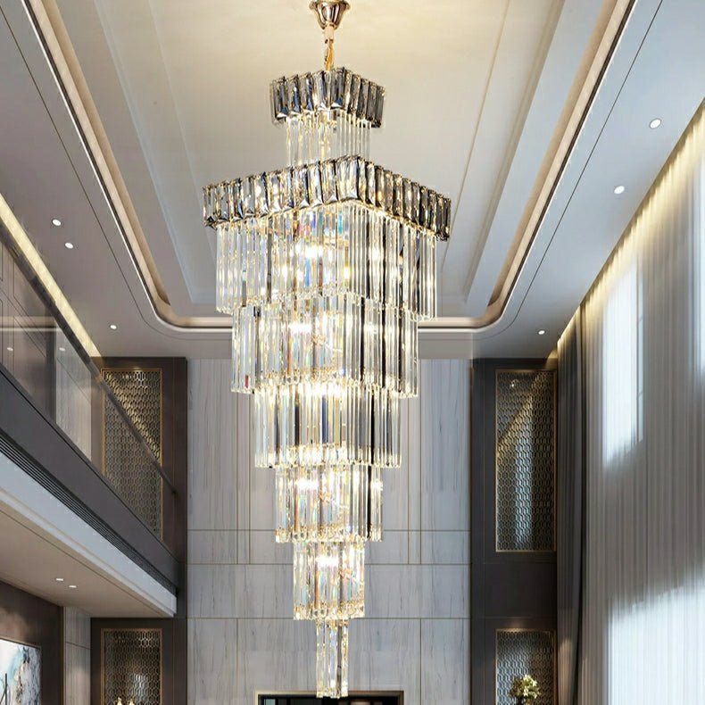 Decorative Large Vertical Crystal Staircase Chandelier Foyer Ceiling Light Fixture Lamp In Gray/ Amber Brim - cyranlamps