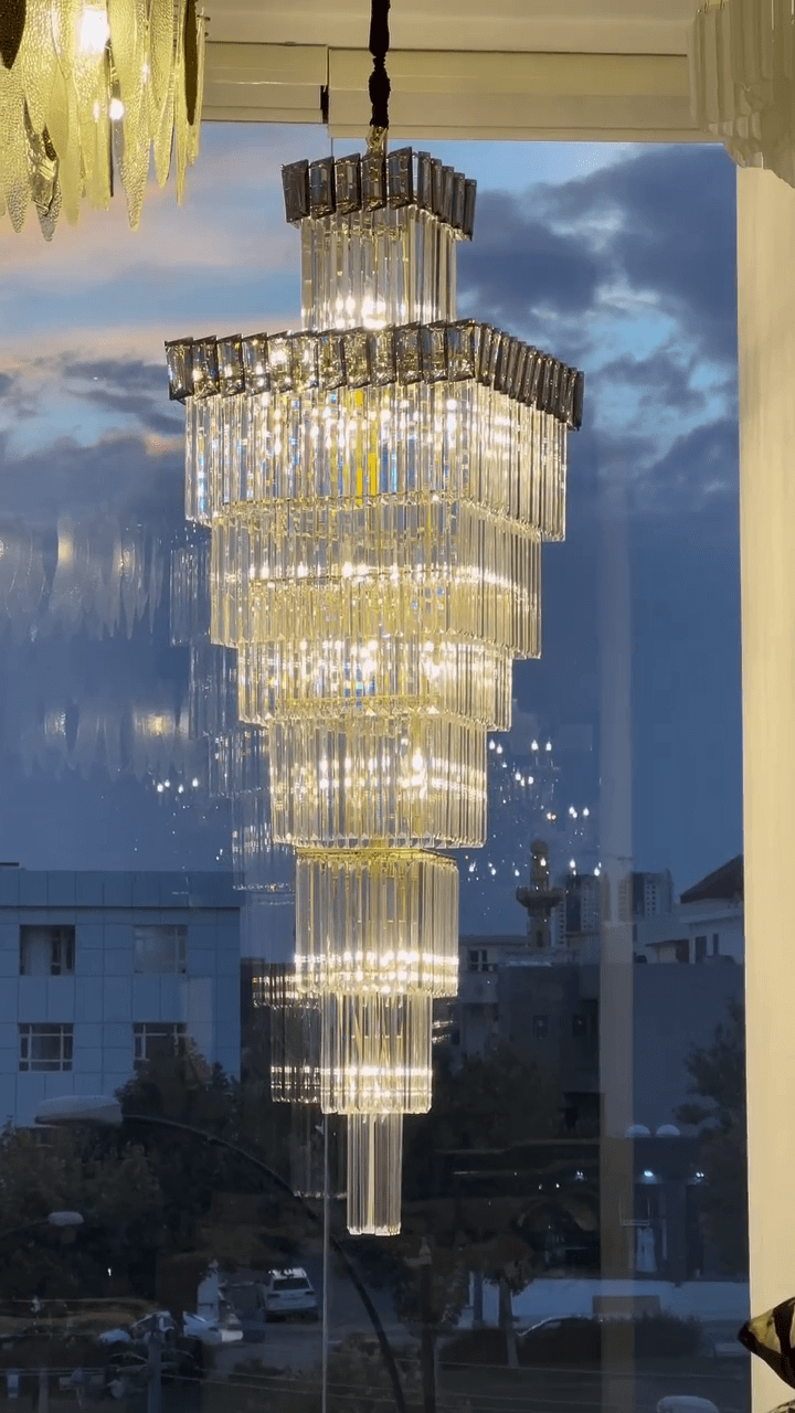 Decorative Large Vertical Crystal Staircase Chandelier Foyer Ceiling Light Fixture Lamp In Gray/ Amber Brim - cyranlamps