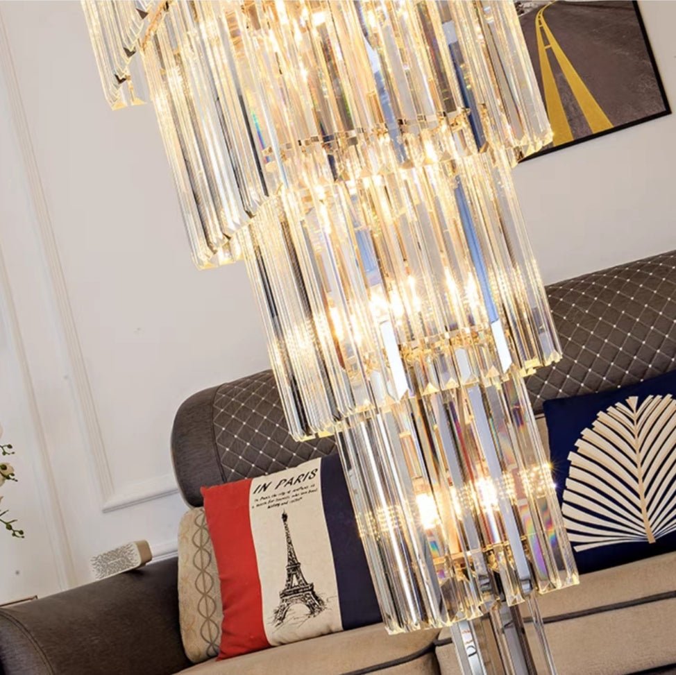 Decorative Large Vertical Crystal Staircase Chandelier Foyer Ceiling Light Fixture Lamp In Gray/ Amber Brim - cyranlamps