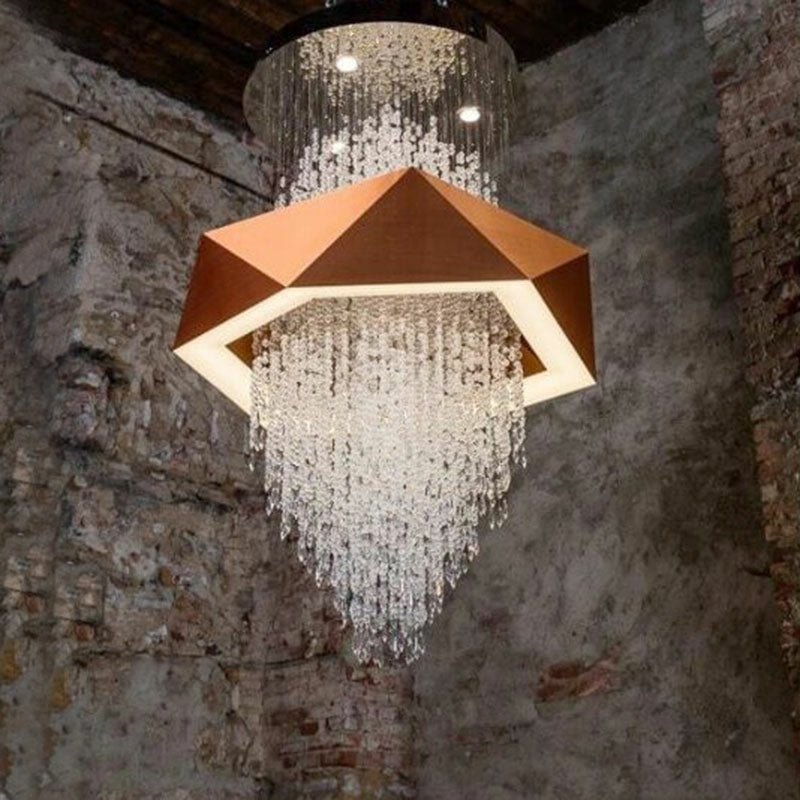 Duplex Living Room Crystal Pendant Chandelier Luxury Hotel Entryway Ceiling Light Fixture In Gold Finish - cyranlamps