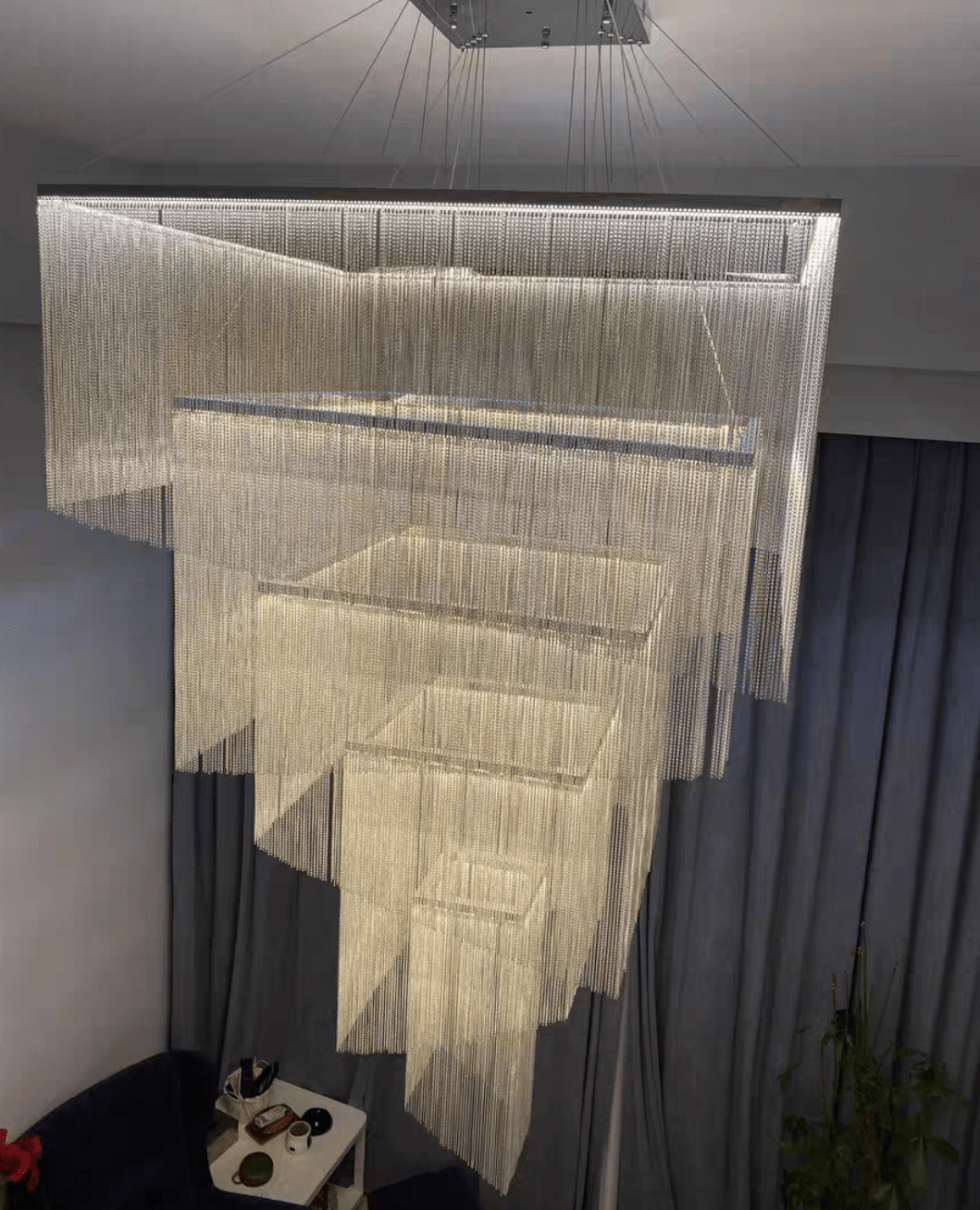 Extra Large Art Multi - tier Aluminum Chain Tassel Chandelier for High - Ceiling Room - cyranlamps