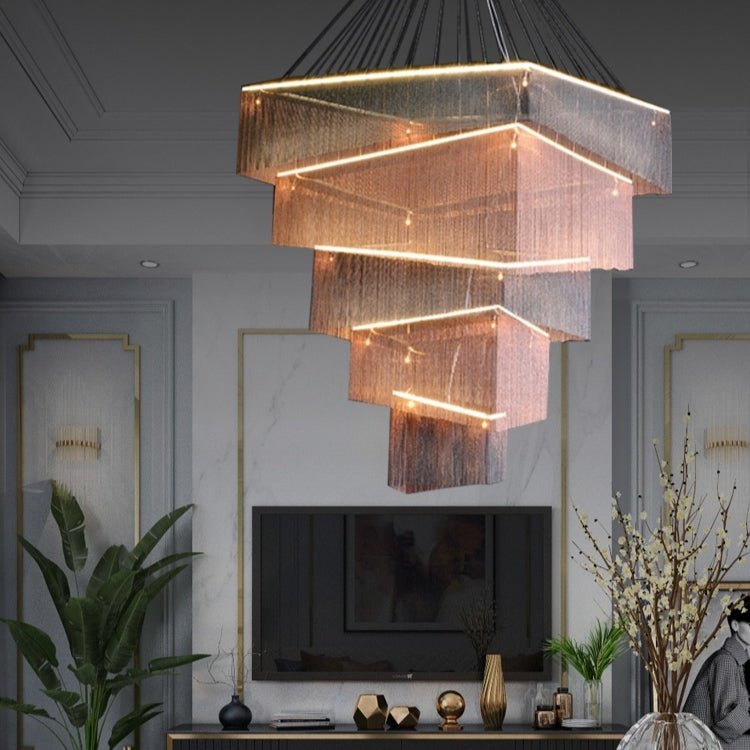Extra Large Art Multi - tier Aluminum Chain Tassel Chandelier for High - Ceiling Room - cyranlamps