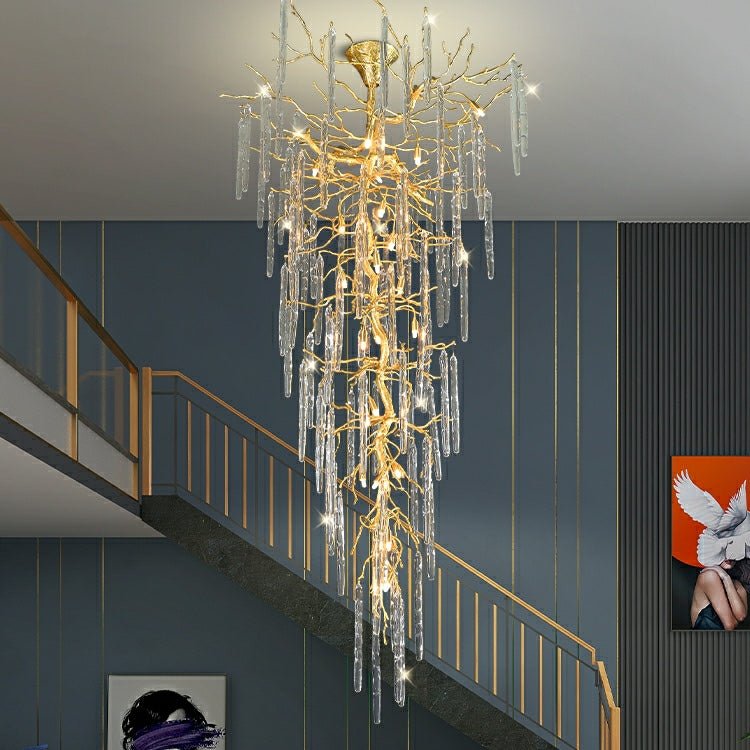 Extra Large Brass Tree Branch LED Chandelier Crystal Bar Drops Ceiling Light Fixture For Foyer Living Room Hall - cyranlamps