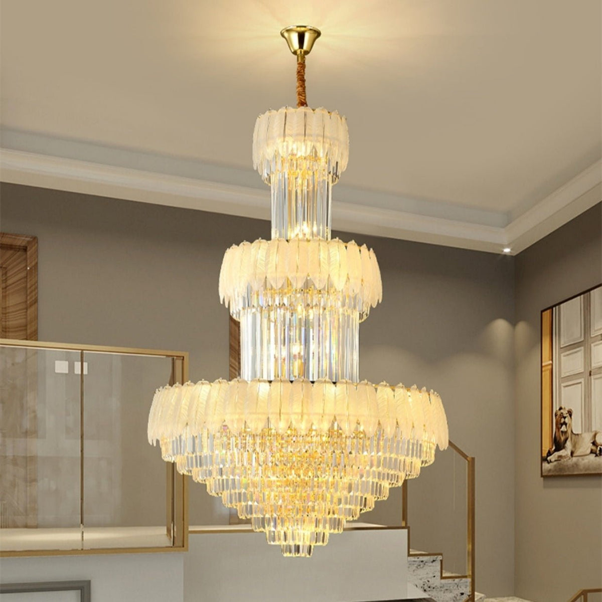 Extra Large Crystal Feather Style Chandelier Long Foyer Staircase Ceiling Lighting Fixture For Living Room - cyranlamps