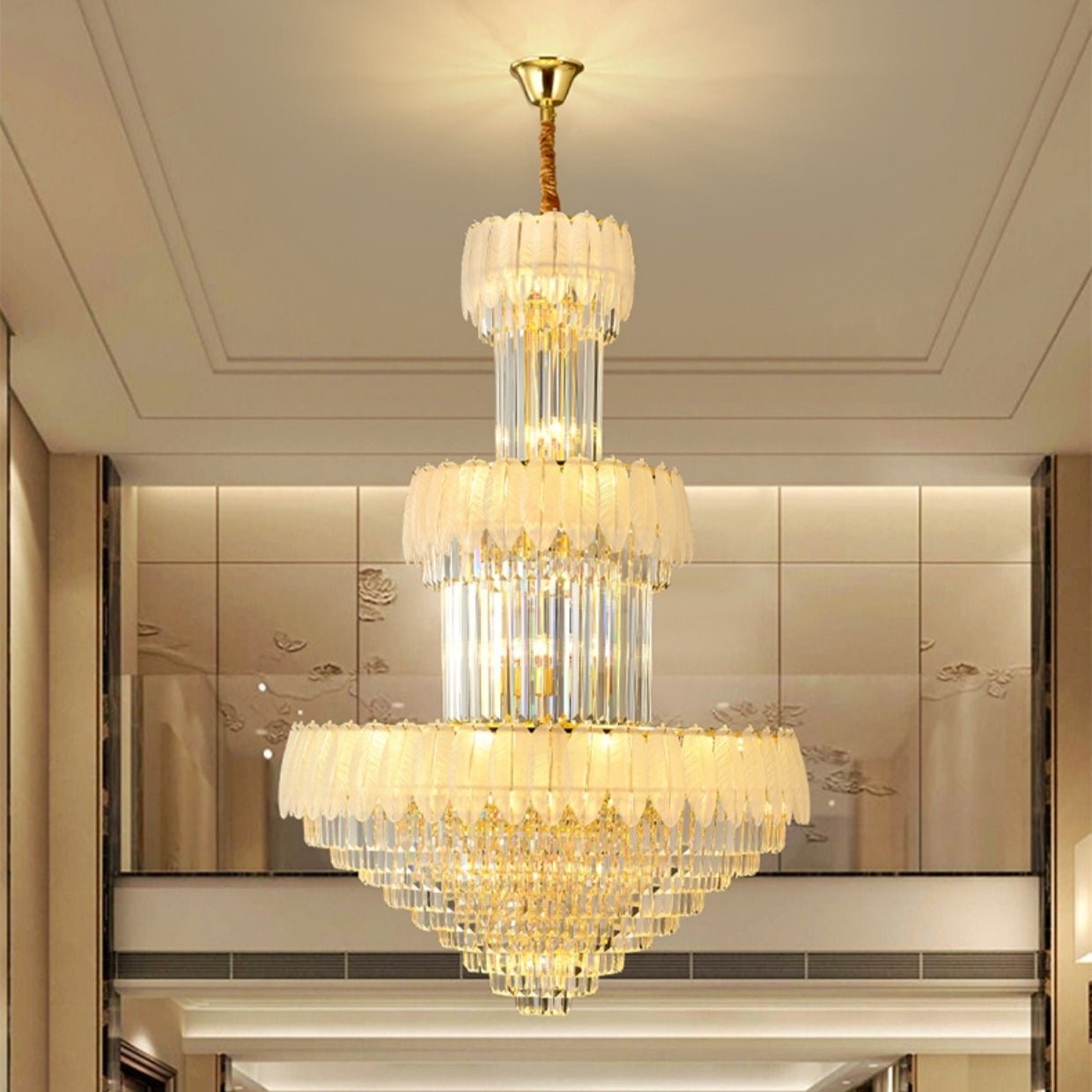 Extra Large Crystal Feather Style Chandelier Long Foyer Staircase Ceiling Lighting Fixture For Living Room - cyranlamps