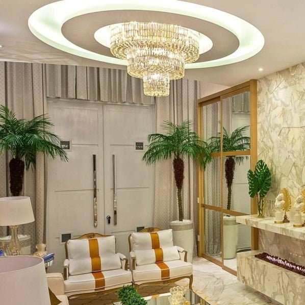 Extra Large Gold Flush Mount Crystal Light Round 3 - layers Decorative Living Room/Dining Room Light Fixture - cyranlamps