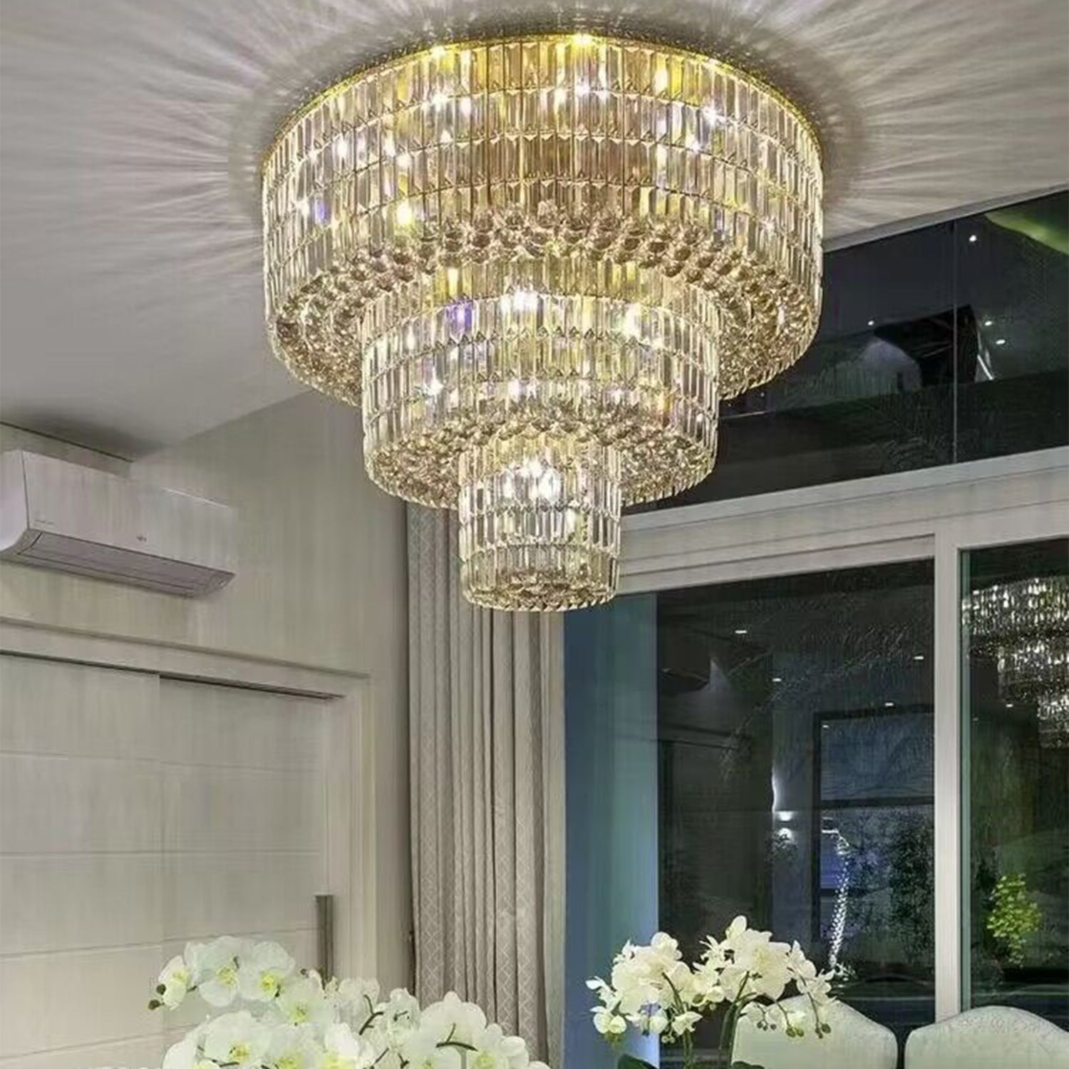 Extra Large Gold Flush Mount Crystal Light Round 3 - layers Decorative Living Room/Dining Room Light Fixture - cyranlamps