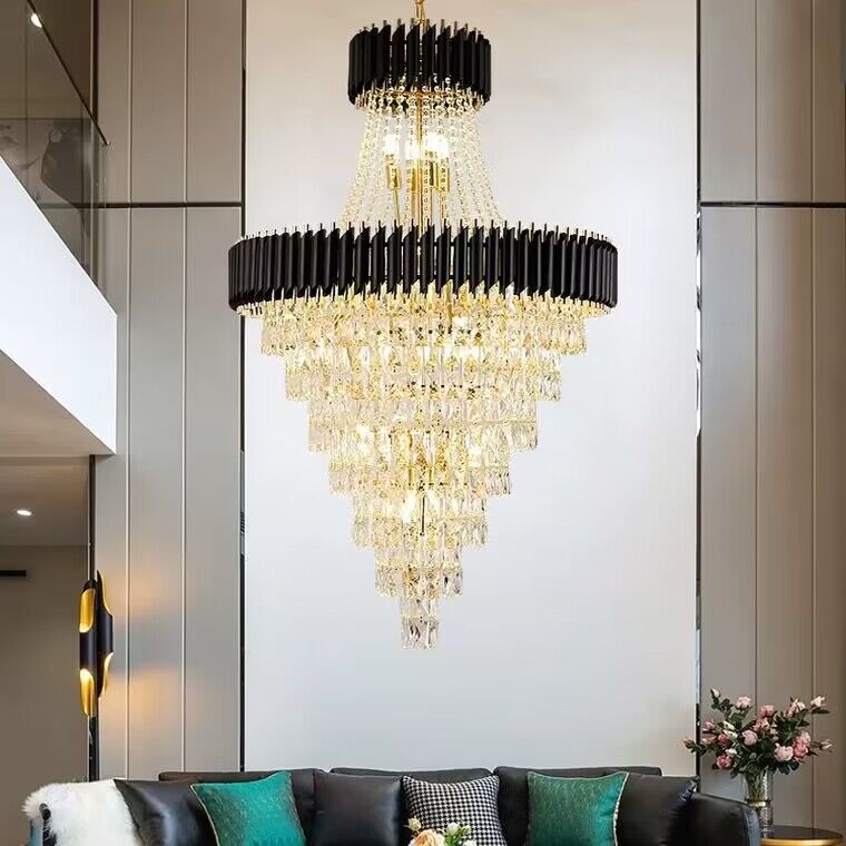Extra Large Modern Multi - layers Gold/Black Light Luxury Crystal Chandelier For 2 - Story Living Room,Foyer - cyranlamps