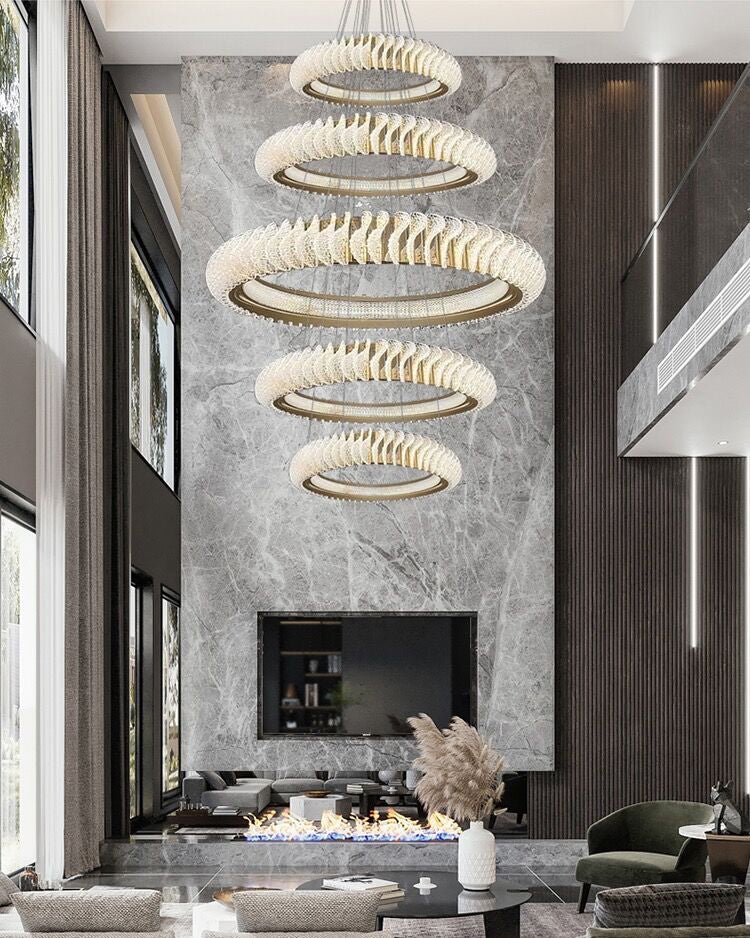 Extra Large Multi - layers Rings Crystal Chandelier Modern Art Waves Creative Pendant Light For High - ciling Foyer/Hallway/Staircase - cyranlamps