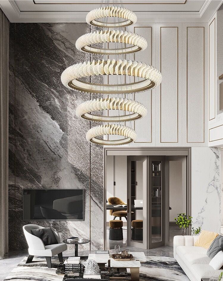 Extra Large Multi - layers Rings Crystal Chandelier Modern Art Waves Creative Pendant Light For High - ciling Foyer/Hallway/Staircase - cyranlamps