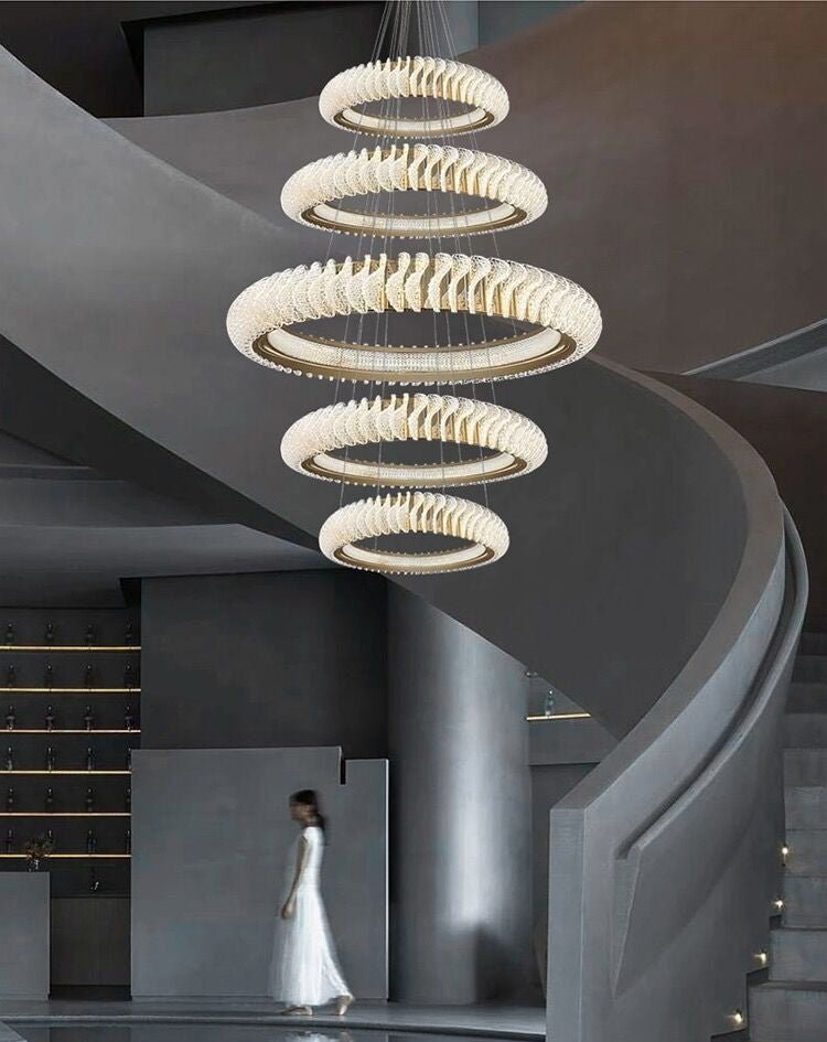 Extra Large Multi - layers Rings Crystal Chandelier Modern Art Waves Creative Pendant Light For High - ciling Foyer/Hallway/Staircase - cyranlamps