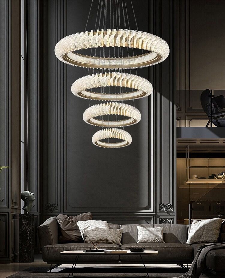 Extra Large Multi - layers Rings Crystal Chandelier Modern Art Waves Creative Pendant Light For High - ciling Foyer/Hallway/Staircase - cyranlamps