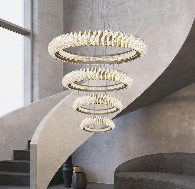 Extra Large Multi - layers Rings Crystal Chandelier Modern Art Waves Creative Pendant Light For High - ciling Foyer/Hallway/Staircase - cyranlamps