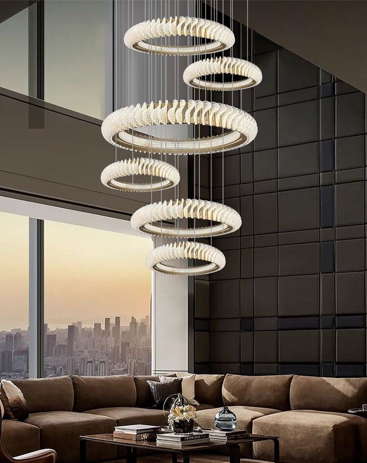 Extra Large Multi - layers Rings Crystal Chandelier Modern Art Waves Creative Pendant Light For High - ciling Foyer/Hallway/Staircase - cyranlamps