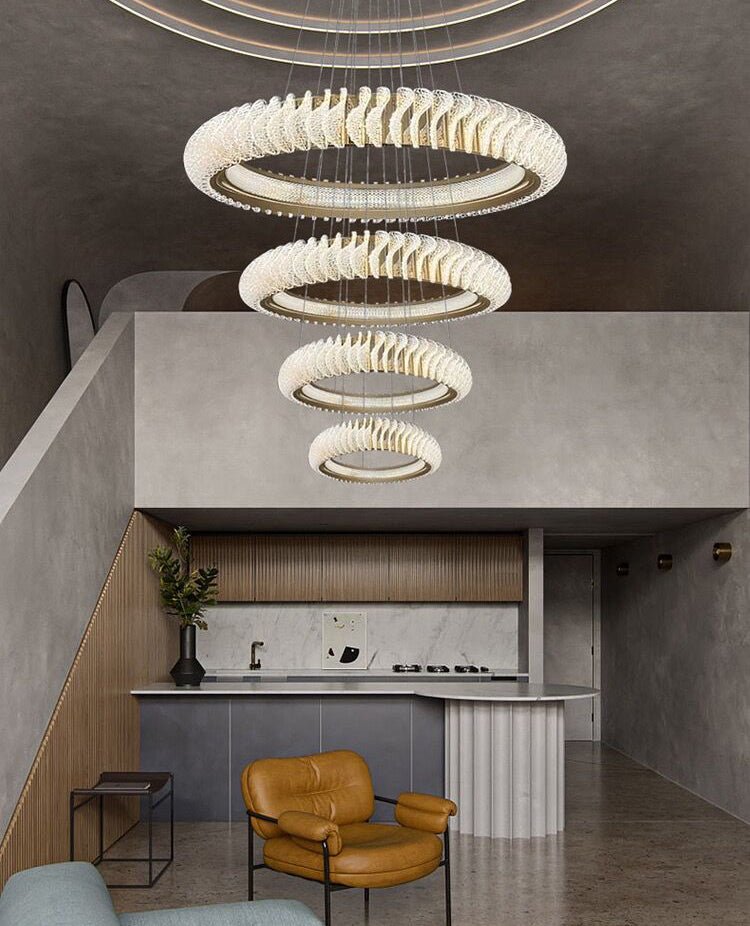 Extra Large Multi - layers Rings Crystal Chandelier Modern Art Waves Creative Pendant Light For High - ciling Foyer/Hallway/Staircase - cyranlamps