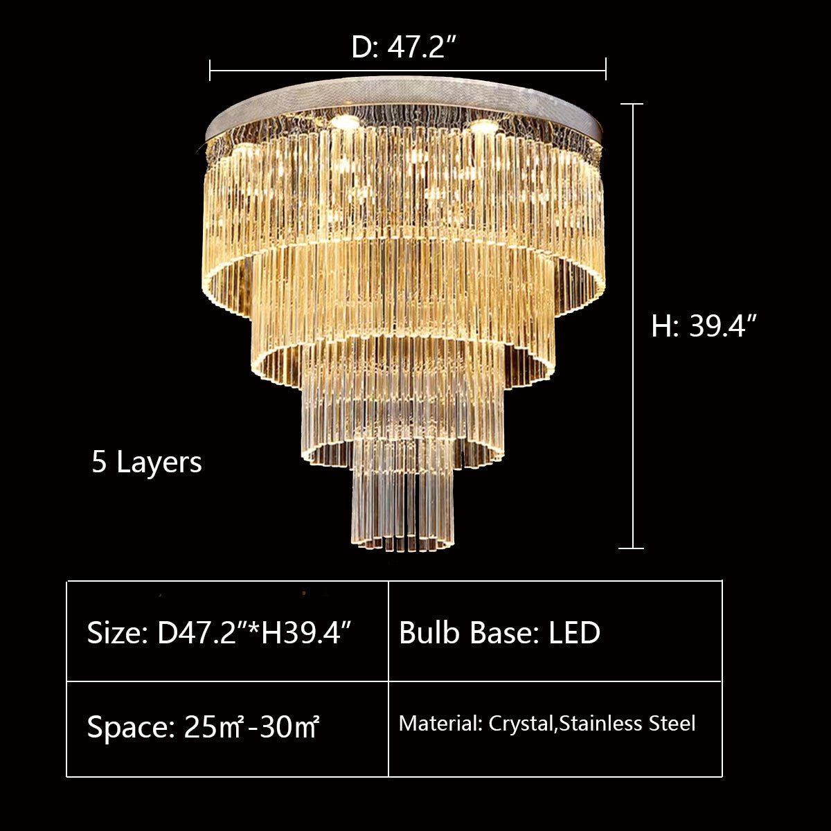 Extra Large Multi - tier Round Flush Mount Light Crystal Rod Chandelier for Living Room/Foyer - cyranlamps