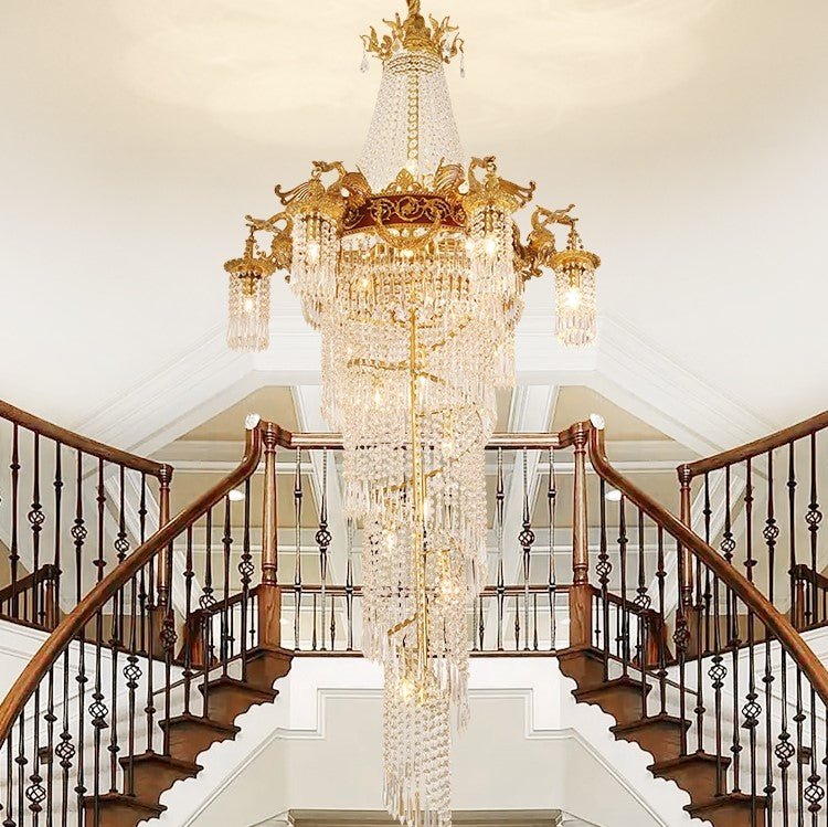 Extra Large Retro Luxury Full Copper Crystal Chandelier for Staircase/ Duplexes/ Villas - cyranlamps