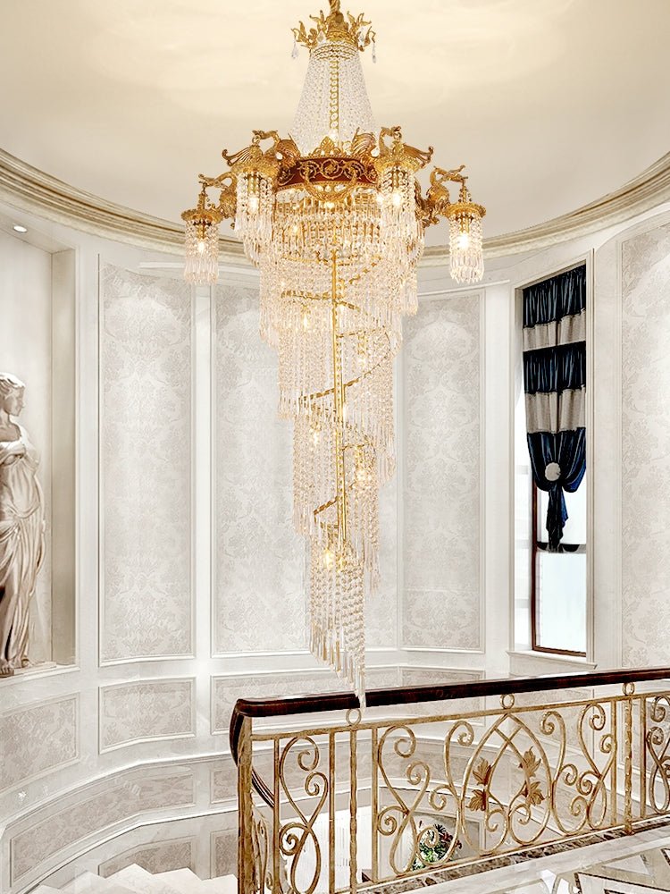 Extra Large Retro Luxury Full Copper Crystal Chandelier for Staircase/ Duplexes/ Villas - cyranlamps