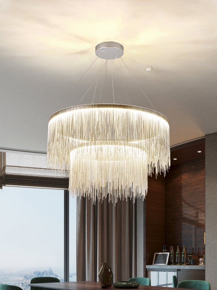 Extra Large Round Aluminum Tassel Chain Chandelier for Living/Dining Room/Villa/Duplex Hall - cyranlamps