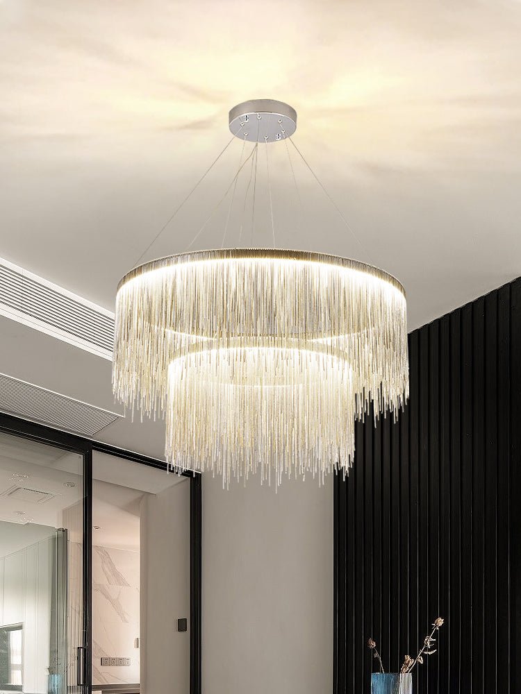 Extra Large Round Aluminum Tassel Chain Chandelier for Living/Dining Room/Villa/Duplex Hall - cyranlamps