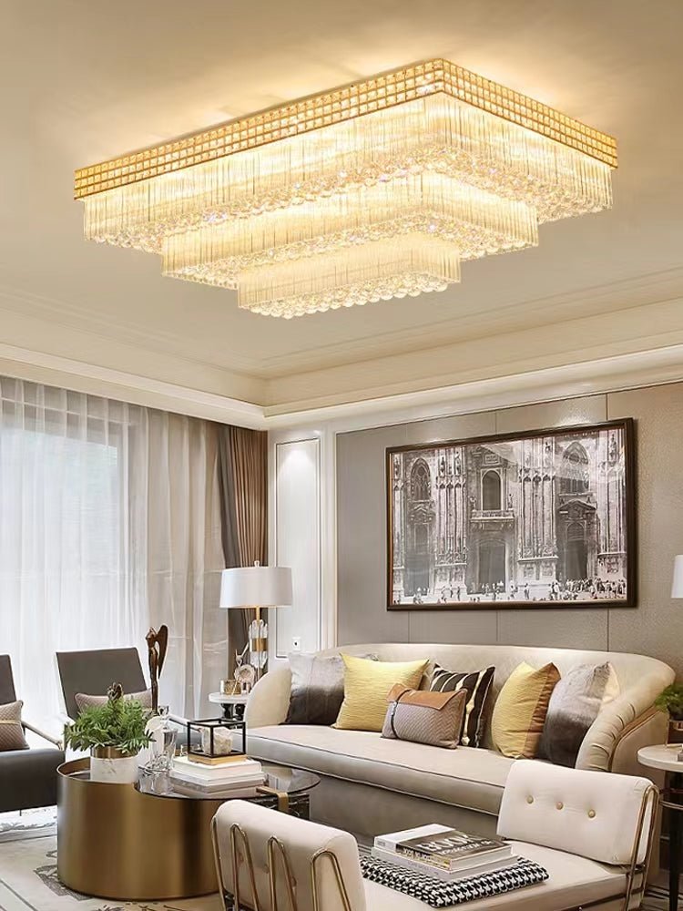 Extra Large Three Layers Rectangular Luxury Flush Mounted Crystal Chandelier for Living Room - cyranlamps