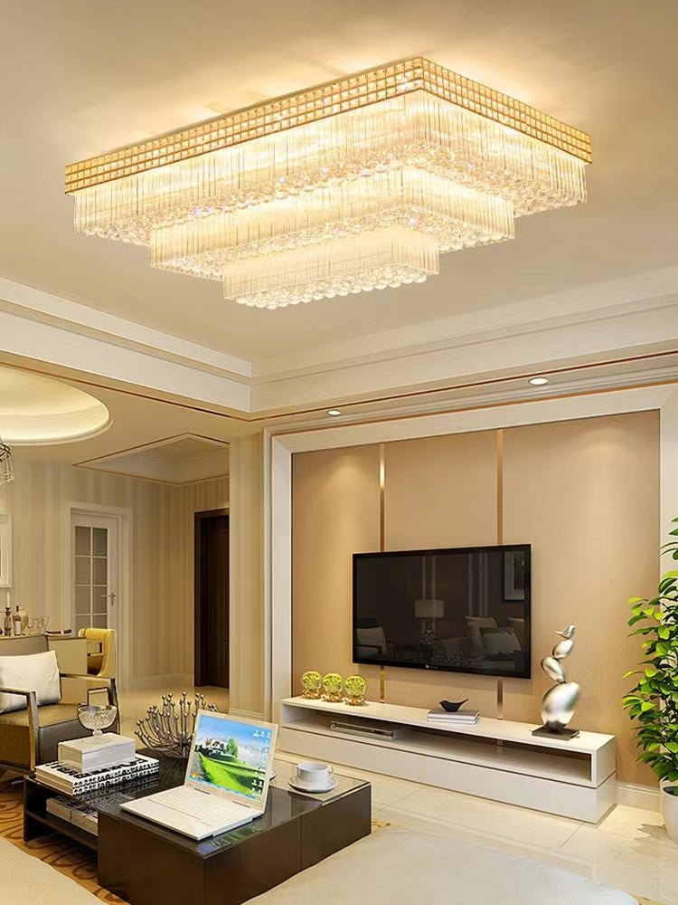 Extra Large Three Layers Rectangular Luxury Flush Mounted Crystal Chandelier for Living Room - cyranlamps