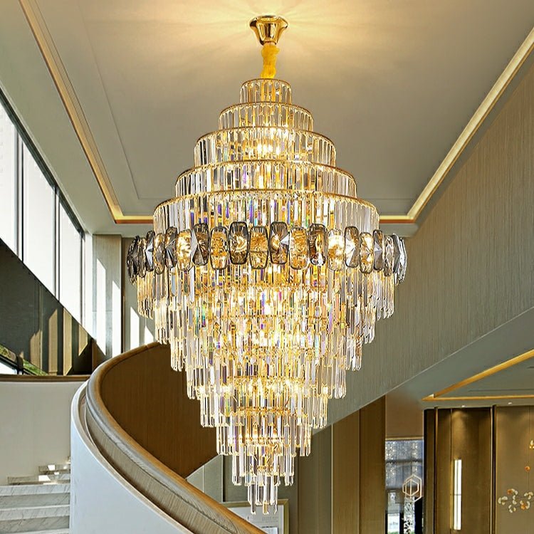 Fashion Large Staircase Chandelier For Foyer Living Room Entrance Crystal Ceiling Light Fixture In Gold Finish - cyranlamps