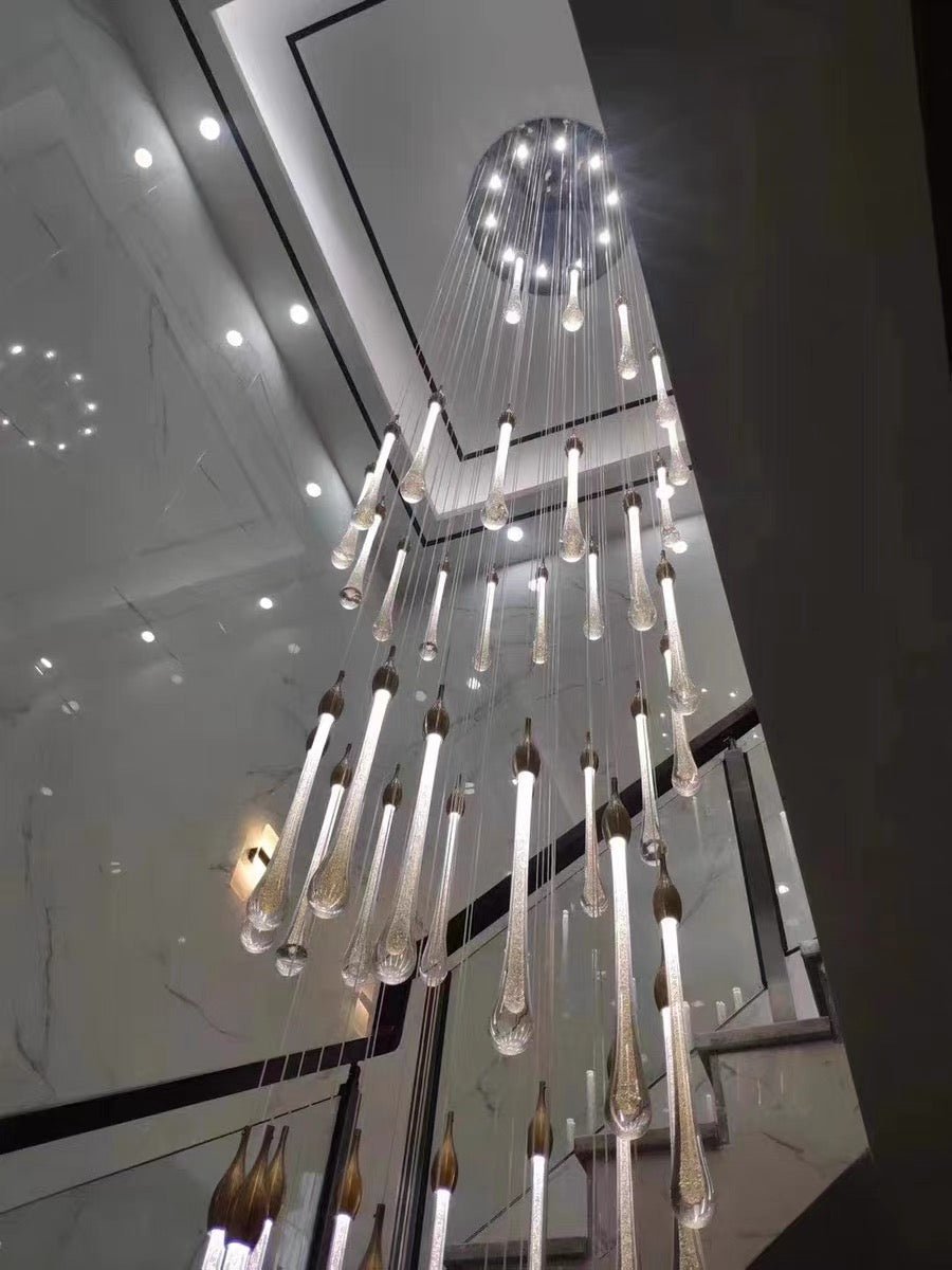 Foyer Glass Drops Pendant Chandelier Spiral Staircase High Ceiling Light Fixture In Gold Finish - cyranlamps