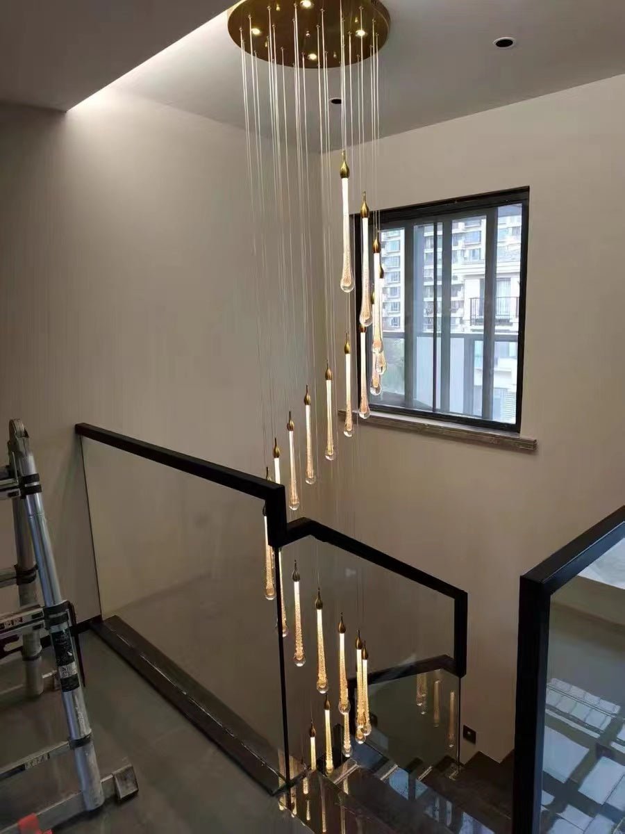 Foyer Glass Drops Pendant Chandelier Spiral Staircase High Ceiling Light Fixture In Gold Finish - cyranlamps