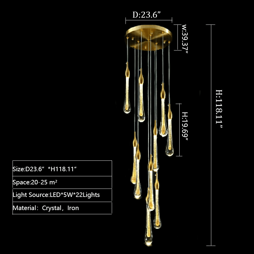 Foyer Glass Drops Pendant Chandelier Spiral Staircase High Ceiling Light Fixture In Gold Finish - cyranlamps