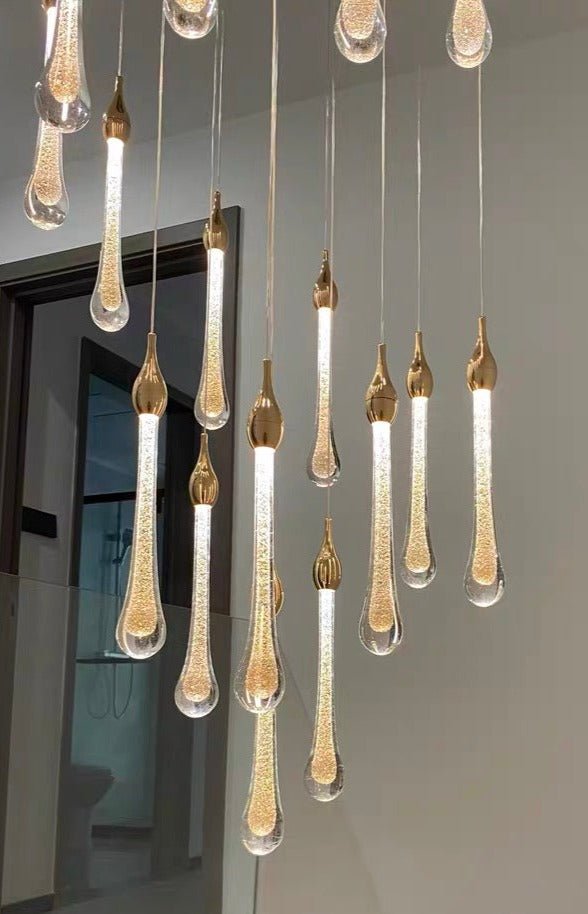 Foyer Glass Drops Pendant Chandelier Spiral Staircase High Ceiling Light Fixture In Gold Finish - cyranlamps