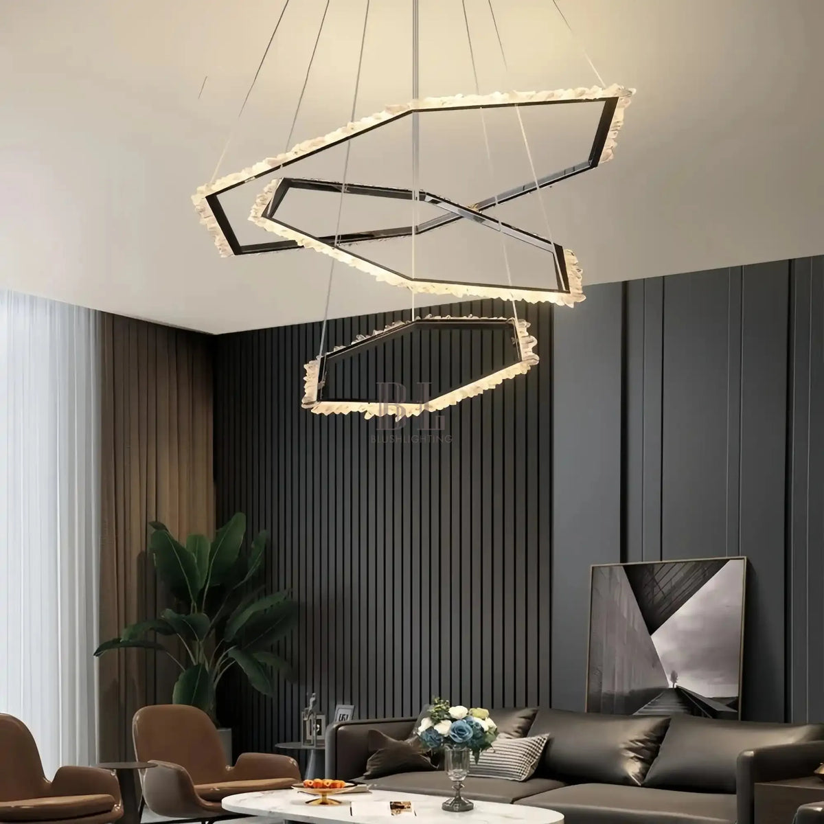 Gina Hexagonal Rock Crystal Black Ring Chandelier - Style CCyranlamps