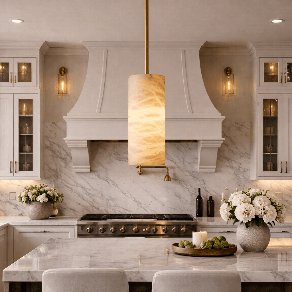 Hand - Carver Alabaster Cylinder Pendant - Cyran Lamps