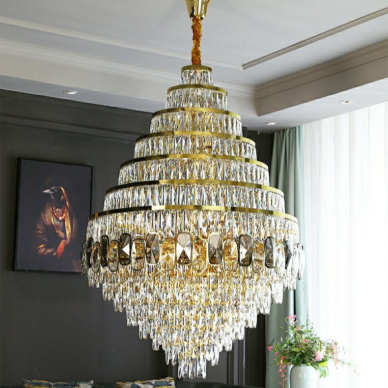 Honeycomb Shaped Ceiling Chandelier Extra Large Crystal Light Fixture For Foyer Staircase/ Entryway In Gold Finish - cyranlamps