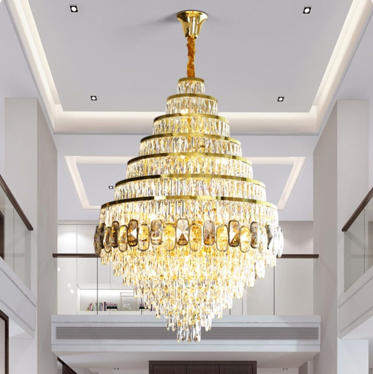 Honeycomb Shaped Ceiling Chandelier Extra Large Crystal Light Fixture For Foyer Staircase/ Entryway In Gold Finish - cyranlamps