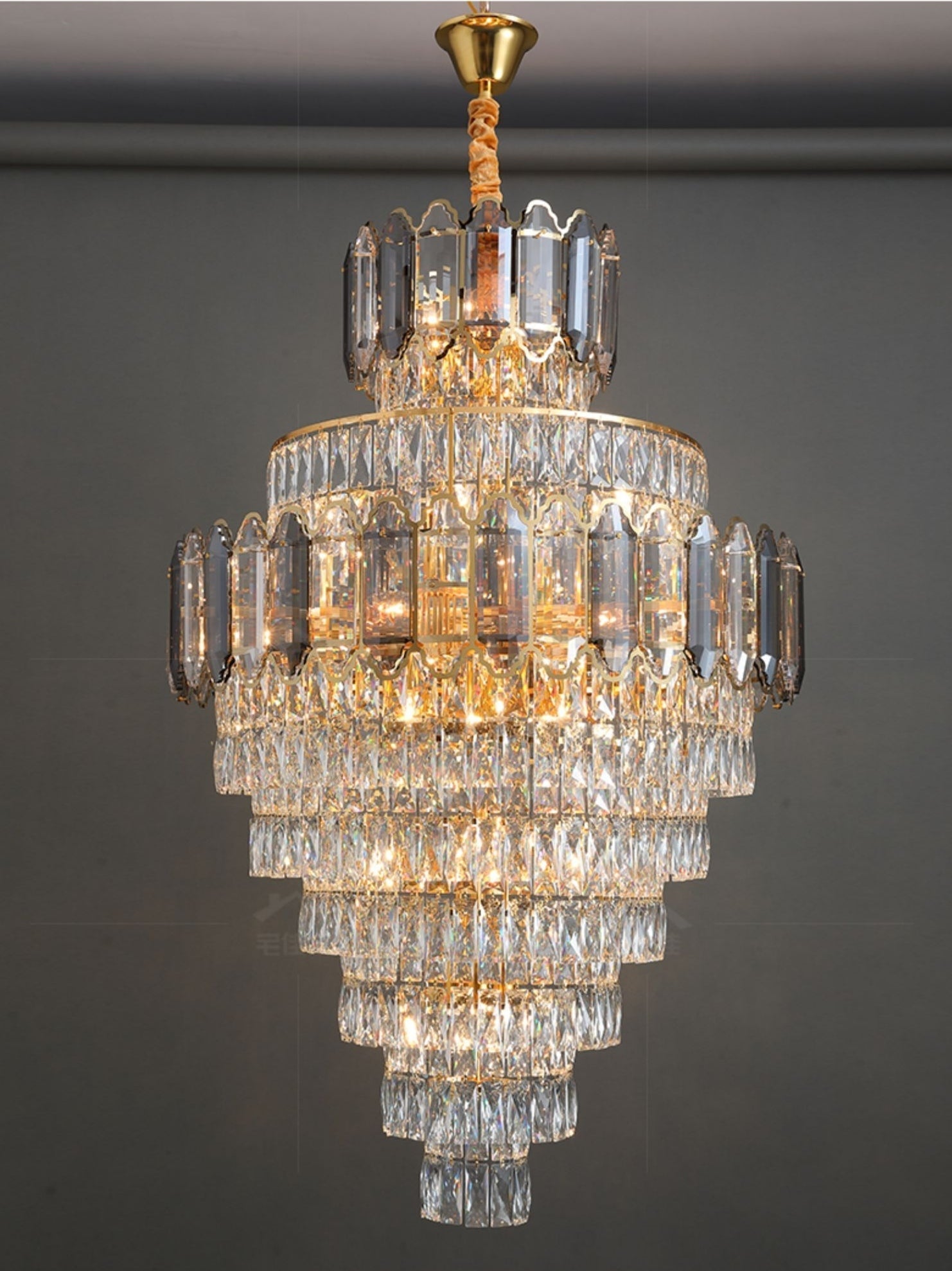 Large Staircase Crystal Chandelier Living Room Ceiling Light Fixture For Hotel Entrance In Gold Finish - cyranlamps