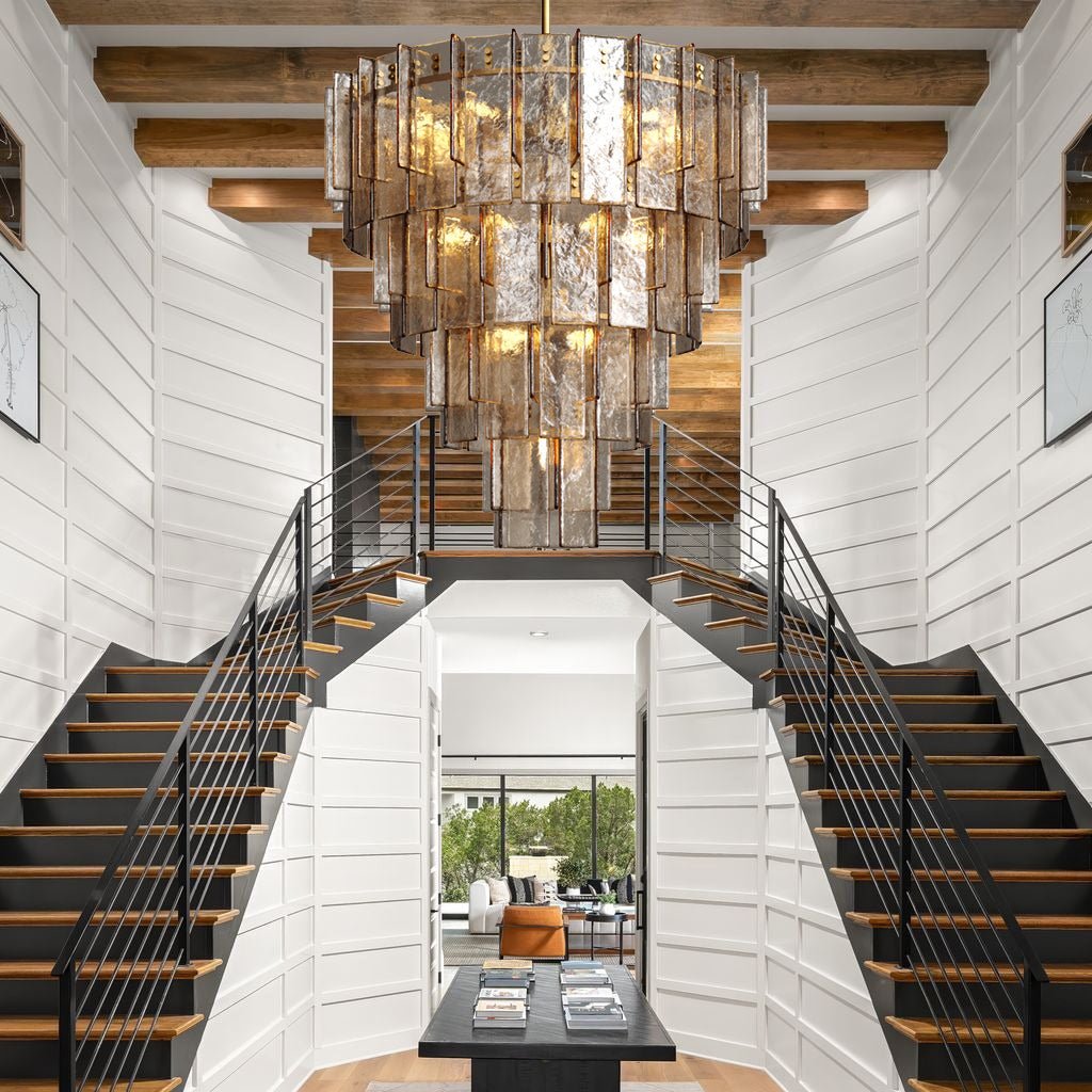 Lattica Glass Tiered Gold Chandelier for Foyer, Living Room, Entryway - cyranlighting